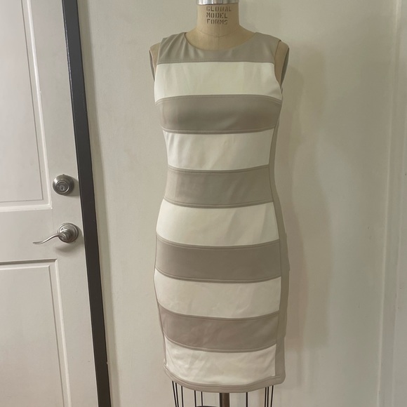 Calvin Klein Cream and Taupe Scuba Color Block Knee Dress - Picture 4 of 10